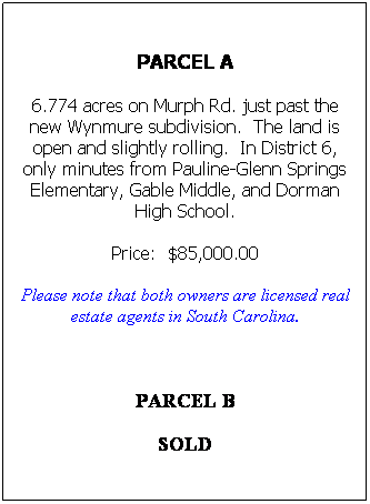 Text Box: PARCEL A
6.774 acres on Murph Rd. just past the new Wynmure subdivision.  The land is open and slightly rolling.  In District 6, only minutes from Pauline-Glenn Springs Elementary, Gable Middle, and Dorman High School. 
Price:  $85,000.00
Please note that both owners are licensed real estate agents in South Carolina.
 
PARCEL B
SOLD
