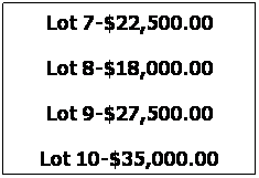 Text Box: Lot 7-$22,500.00
Lot 8-$18,000.00
Lot 9-$27,500.00
Lot 10-$35,000.00
